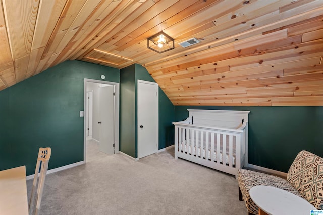 bedroom featuring light carpet, a nursery area, vaulted ceiling, and wooden ceiling