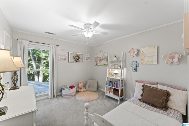 2825 Cahawba Trl, Birmingham, AL 35243 - carpeted bedroom with ceiling fan, ornamental molding, and visible vents