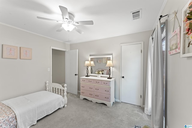2825 Cahawba Trl, Birmingham, AL 35243 - bedroom featuring visible vents, light colored carpet, ornamental molding, and ceiling fan