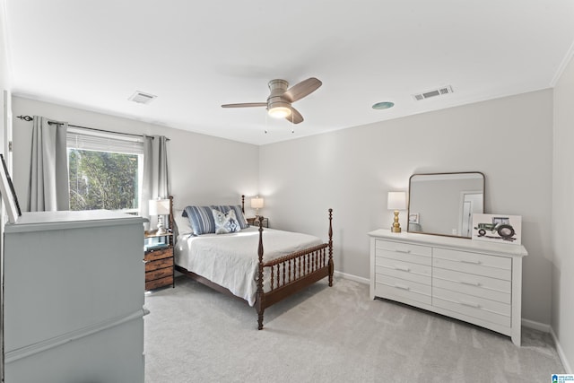 2825 Cahawba Trl, Birmingham, AL 35243 - bedroom with visible vents, baseboards, ceiling fan, and light carpet