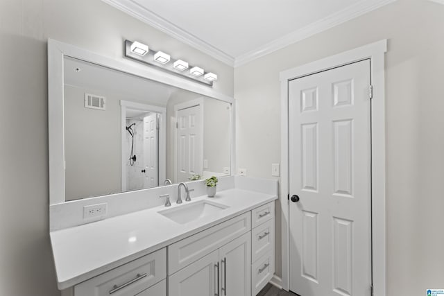2825 Cahawba Trl, Birmingham, AL 35243 - bathroom with crown molding, visible vents, walk in shower, and vanity