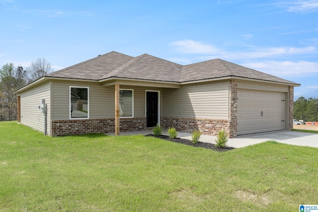 single story home with a garage and a front yard