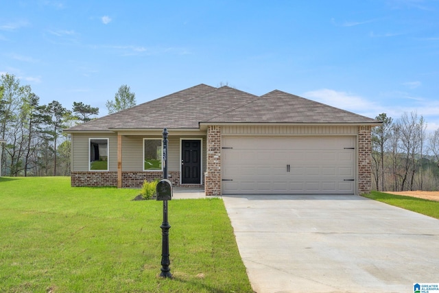 single story home featuring a front yard and a garage