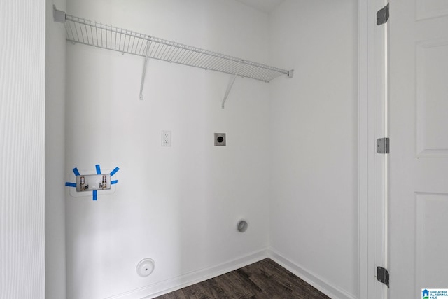 clothes washing area with gas dryer hookup, washer hookup, dark wood-type flooring, and electric dryer hookup