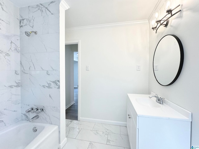 bathroom featuring tiled shower / bath combo, vanity, and crown molding