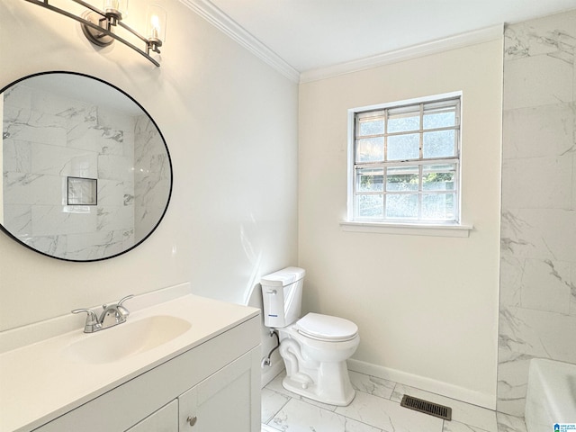 bathroom featuring ornamental molding, tiled shower, vanity, and toilet