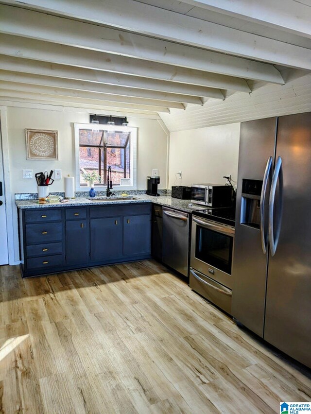 kitchen featuring light hardwood / wood-style floors, appliances with stainless steel finishes, blue cabinetry, and sink