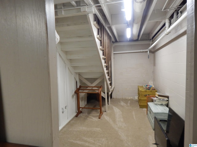 basement featuring light colored carpet