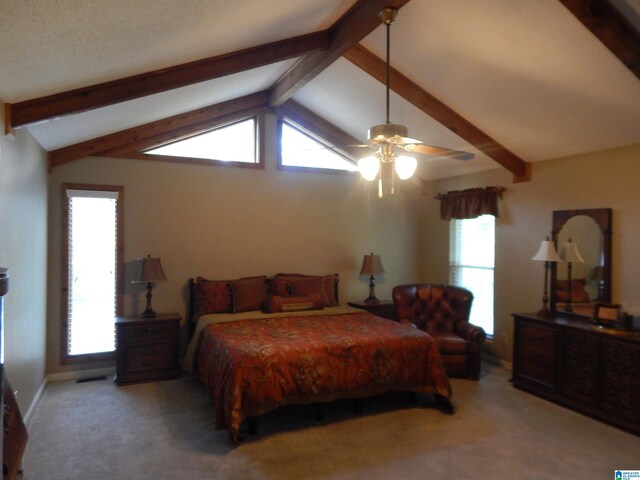 bedroom with light carpet, ceiling fan, and lofted ceiling with beams