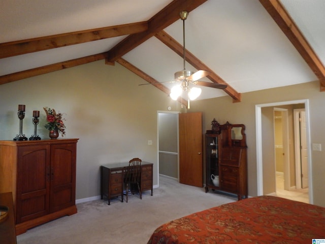 carpeted bedroom with lofted ceiling with beams and ceiling fan