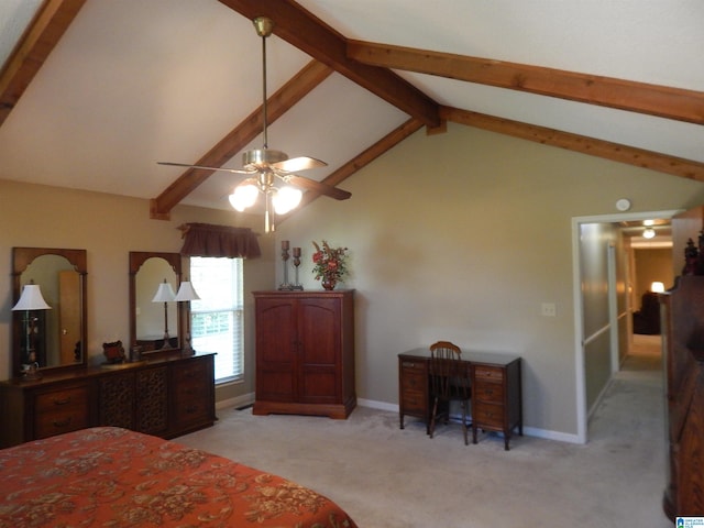 carpeted bedroom with ceiling fan, beamed ceiling, and high vaulted ceiling