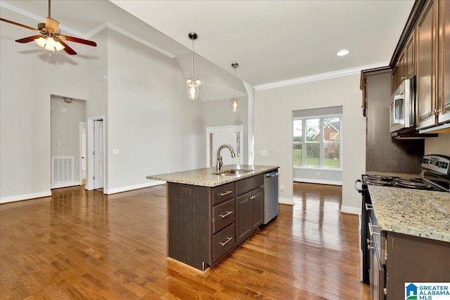 kitchen with dark hardwood / wood-style flooring, appliances with stainless steel finishes, light stone countertops, and sink