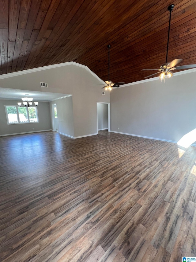 unfurnished living room featuring ceiling fan with notable chandelier, crown molding, vaulted ceiling, and dark hardwood / wood-style flooring