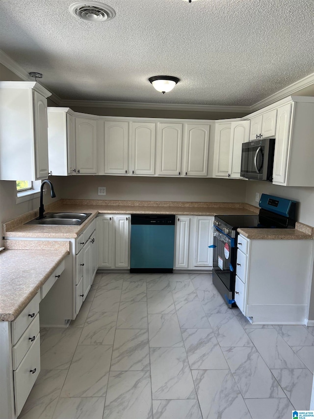 kitchen featuring white cabinets, dishwasher, black electric range oven, ornamental molding, and sink