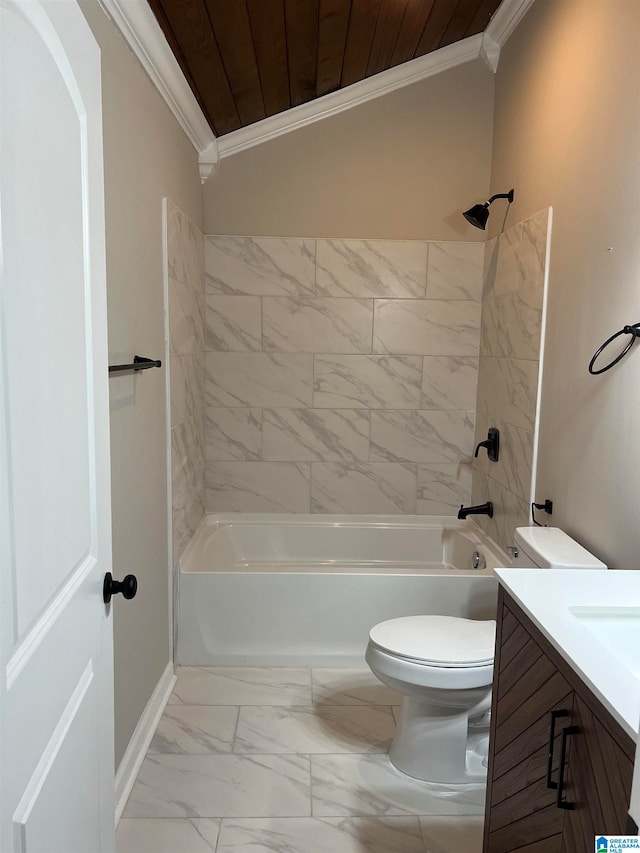 full bathroom featuring ornamental molding, tiled shower / bath, wooden ceiling, vanity, and toilet