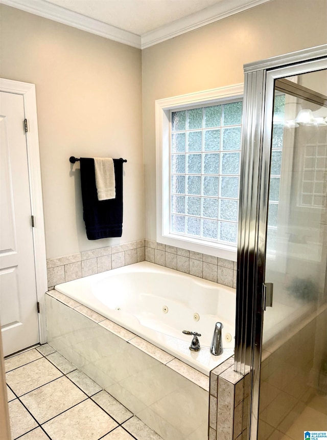 bathroom featuring independent shower and bath, crown molding, and tile patterned flooring