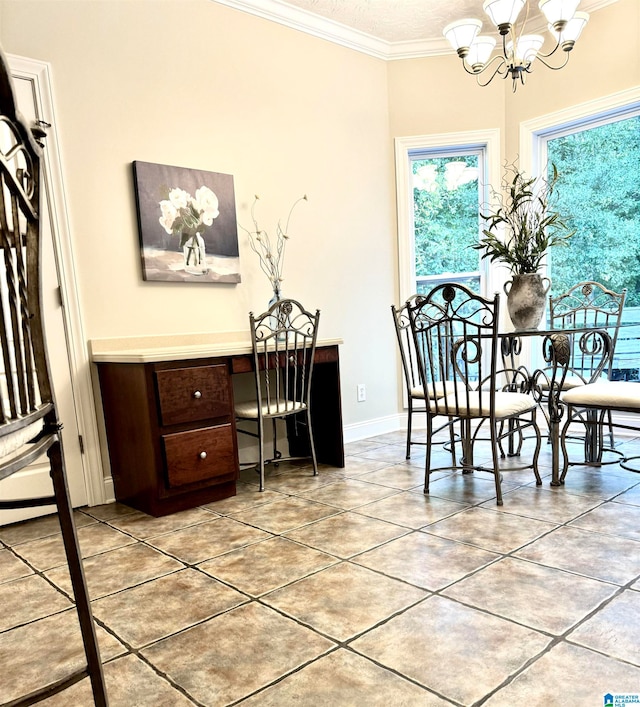 tiled dining area featuring a notable chandelier and crown molding