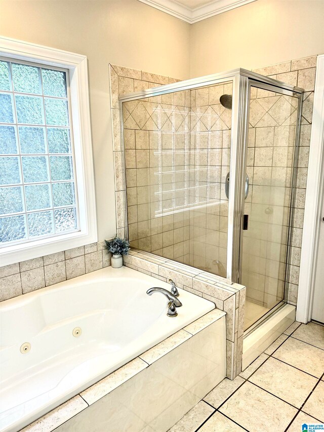 bathroom with crown molding, tile patterned flooring, separate shower and tub, and plenty of natural light