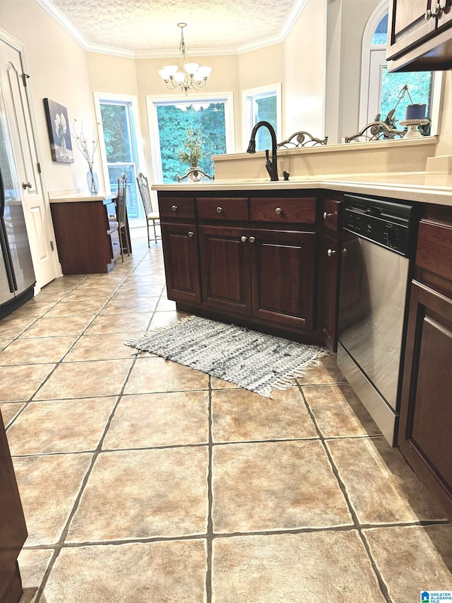 kitchen with dark brown cabinets, dishwasher, hanging light fixtures, and a notable chandelier