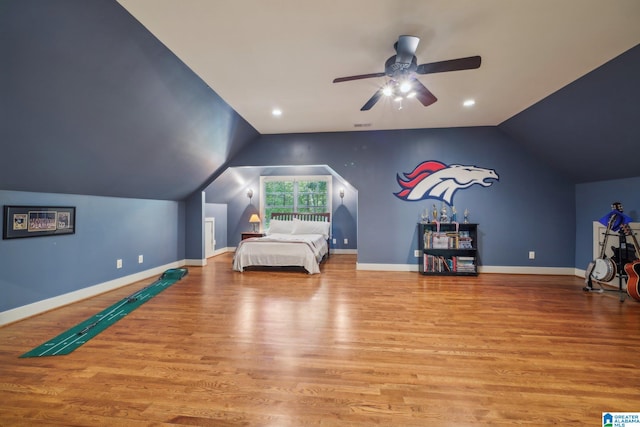 bedroom with lofted ceiling, light wood-type flooring, and ceiling fan