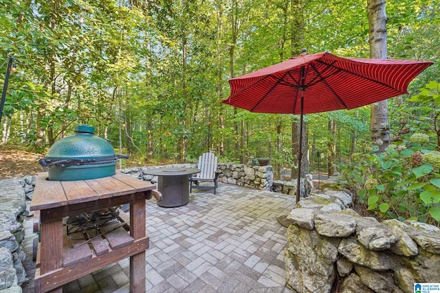 view of patio / terrace featuring a grill and a fire pit