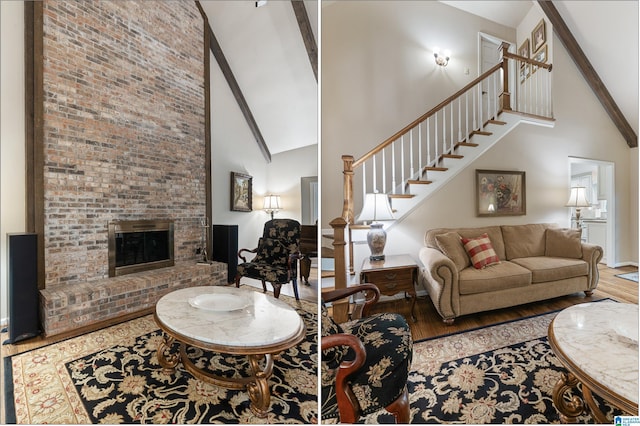 living room with a brick fireplace, beamed ceiling, hardwood / wood-style flooring, and high vaulted ceiling