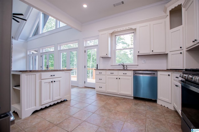 kitchen with crown molding, black gas range, dishwashing machine, visible vents, and white cabinets