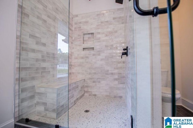 bathroom featuring toilet and a shower stall