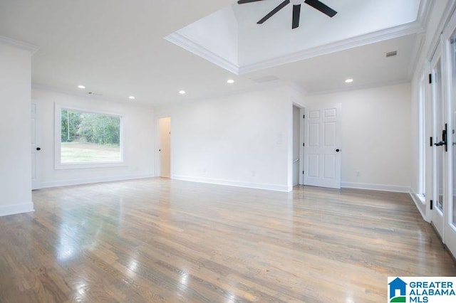 interior space featuring light wood finished floors, ornamental molding, visible vents, ceiling fan, and recessed lighting