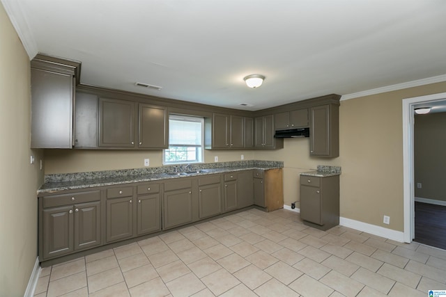 kitchen with gray cabinets, ornamental molding, sink, and stone countertops