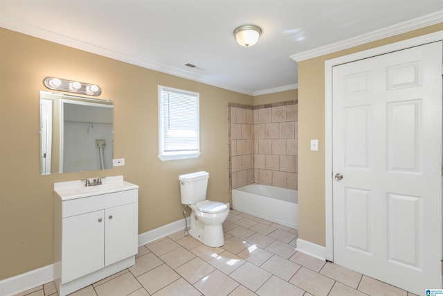 full bathroom with tile patterned flooring, tub / shower combination, ornamental molding, vanity, and toilet