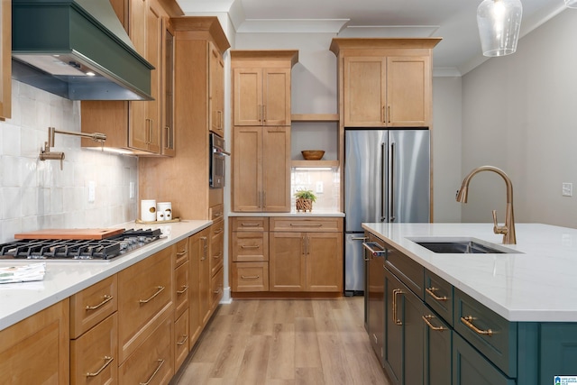 kitchen with crown molding, open shelves, a sink, stainless steel appliances, and custom range hood