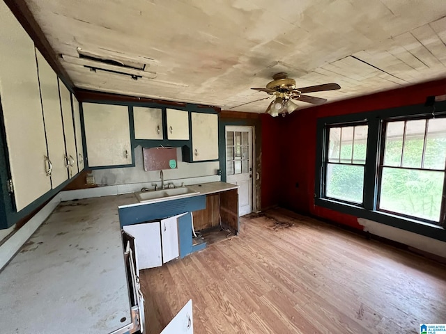 kitchen with light wood-type flooring, white cabinetry, ceiling fan, and sink