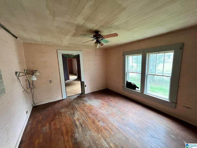 unfurnished room featuring wood ceiling, dark wood-type flooring, and ceiling fan