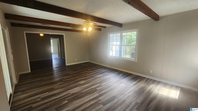 empty room with a textured ceiling, beam ceiling, dark hardwood / wood-style floors, and ceiling fan