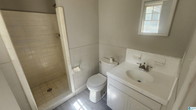 bathroom featuring vanity, a stall shower, toilet, wainscoting, and tile walls