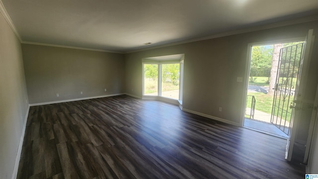 empty room featuring ornamental molding and dark hardwood / wood-style flooring