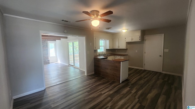 kitchen featuring white cabinetry, ceiling fan, plenty of natural light, and dark wood-type flooring