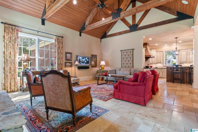 living room featuring wooden ceiling, beam ceiling, ceiling fan, and high vaulted ceiling