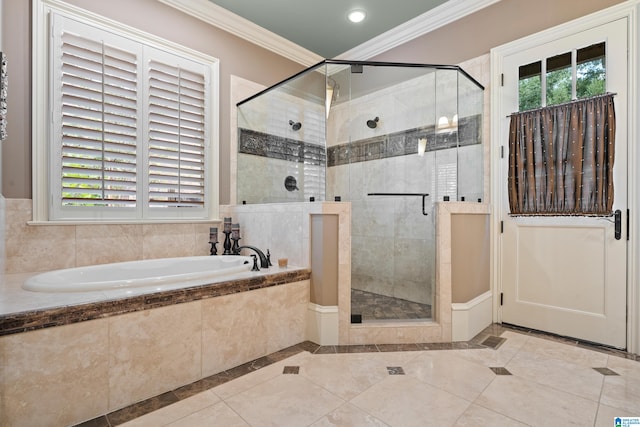 bathroom with shower with separate bathtub, crown molding, and tile patterned floors