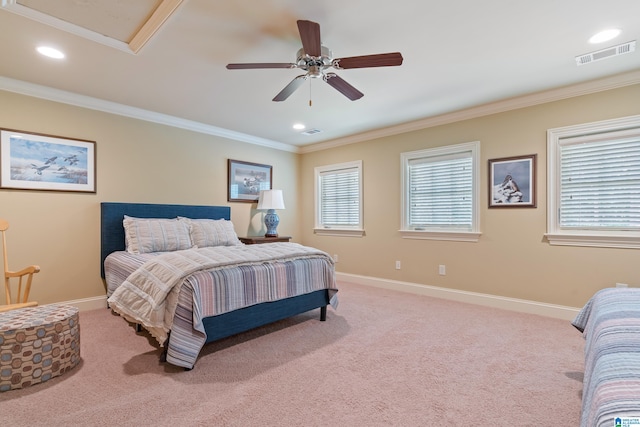 bedroom featuring ceiling fan, light carpet, and ornamental molding