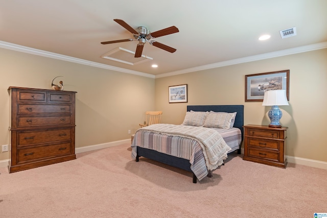 bedroom featuring ceiling fan, light colored carpet, and crown molding