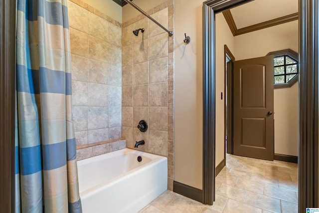 bathroom with crown molding and shower / bathtub combination with curtain