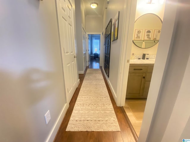 hall featuring hardwood / wood-style floors and crown molding