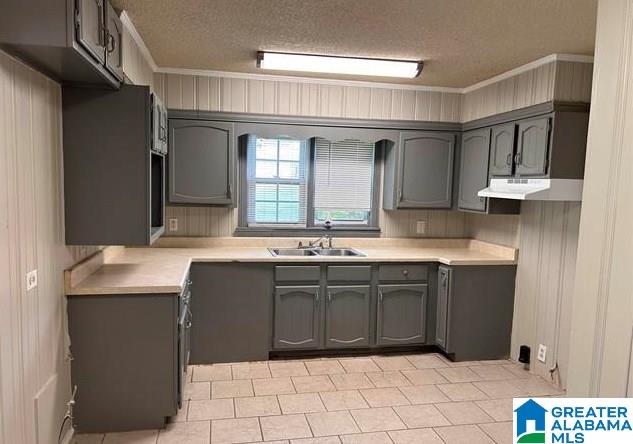 kitchen with ornamental molding, a textured ceiling, and sink