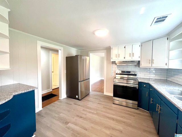 kitchen with appliances with stainless steel finishes, decorative backsplash, blue cabinets, white cabinets, and light wood-type flooring