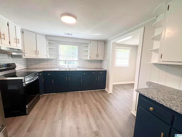 kitchen with white cabinets, sink, stainless steel range with electric stovetop, light hardwood / wood-style floors, and decorative backsplash