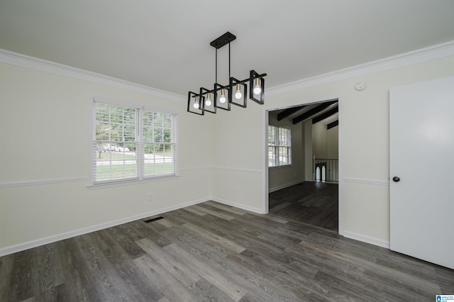 unfurnished dining area with plenty of natural light, crown molding, and dark hardwood / wood-style flooring