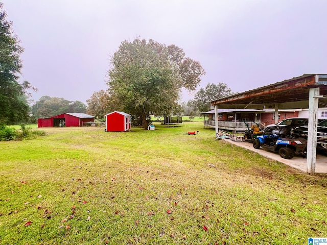 view of yard featuring a storage shed and a carport