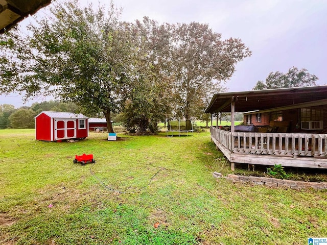 view of yard with a deck, a trampoline, and a shed